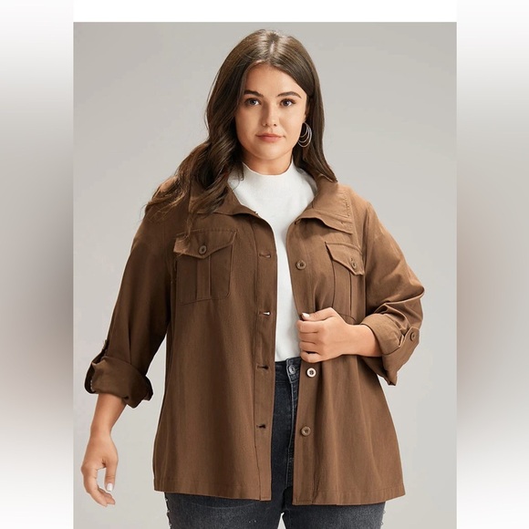 BloomChic Plus Size Plain Roll Tab Sleeve Button Down Coat 2XL us18-20 - Picture 3 of 7